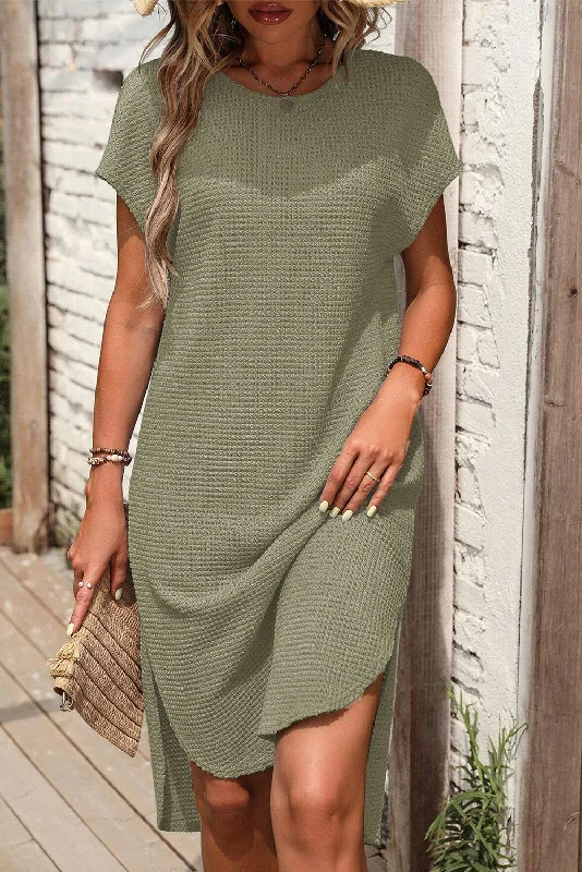 Waffle Texture Curved Hem Side Slit T-shirt Dress