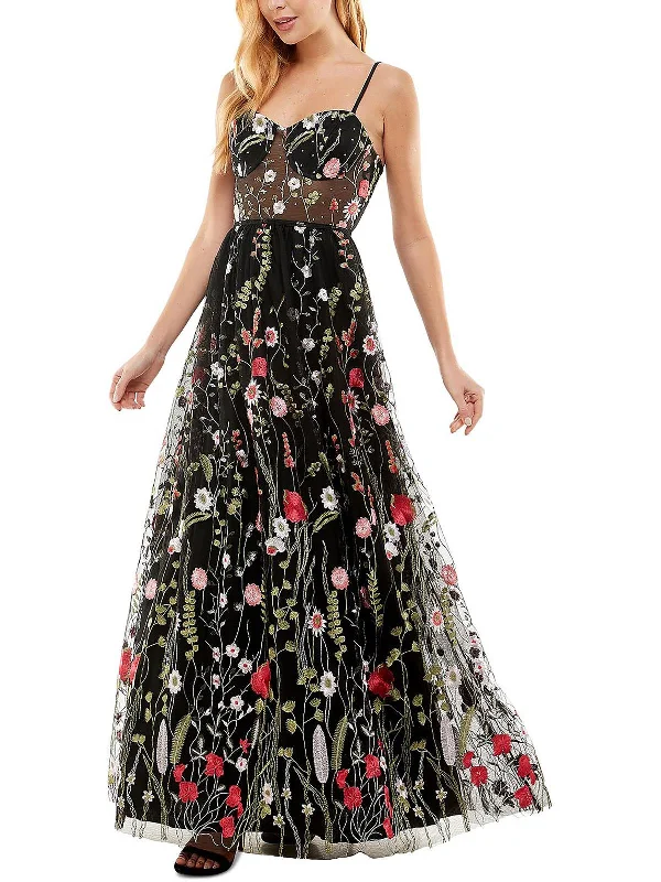 Juniors Womens Floral Embroidered Evening Dress