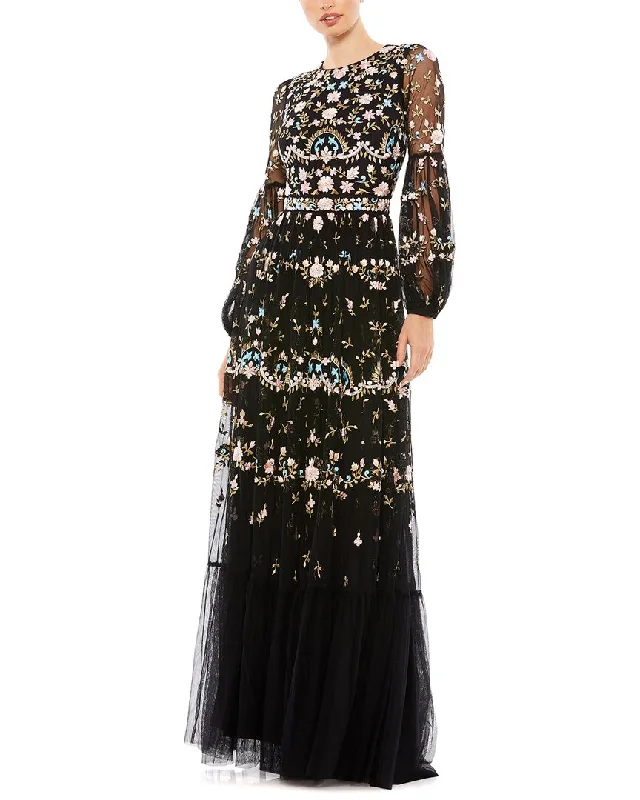 Mac Duggal Embroidered High Neck Illusion Sleeve Tiered Gown