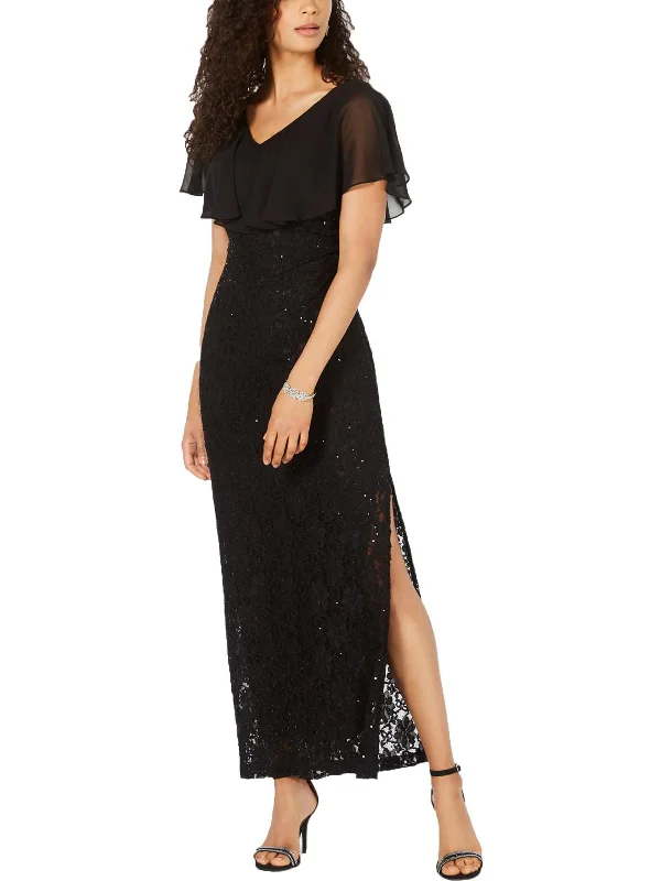 Petites   Womens Lace Overlay Sequined Evening Dress