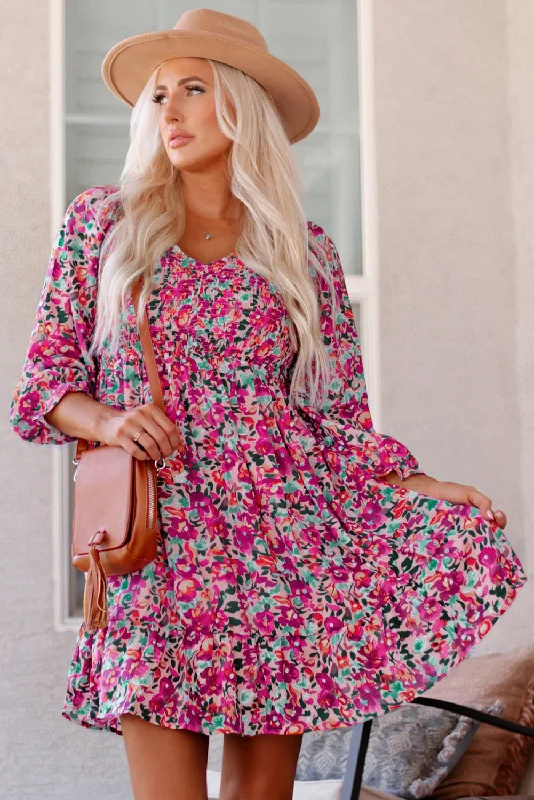 Smocked V Neck Puffy Sleeve Floral Dress