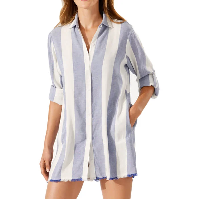 Tommy Bahama Rugby Beach Stripe Boyfriend Shirt Dress Coverup - White*