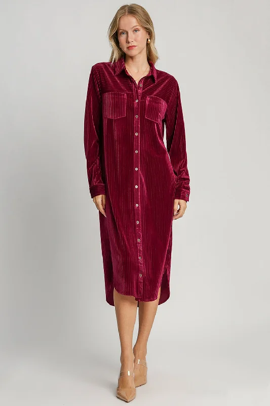 Umgee Texture Curved Hem Button Down Shirt Dress