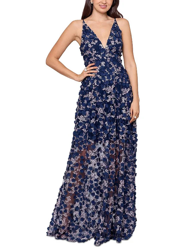 Womens Embroidered Fit & Flare Evening Dress