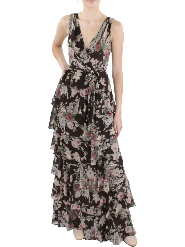 Womens Floral Tiered Evening Dress