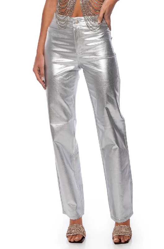 BORN TO SHINE METALLIC STRAIGHT LEG PANTS IN SILVER