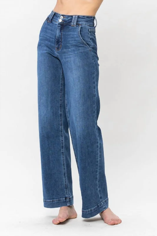 High Waisted Double Button Wide Leg Jeans In Medium Blue