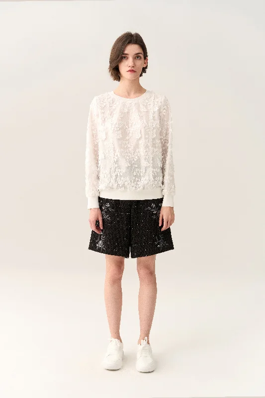 Lace 3D Flower Ribbed-hem Shirt