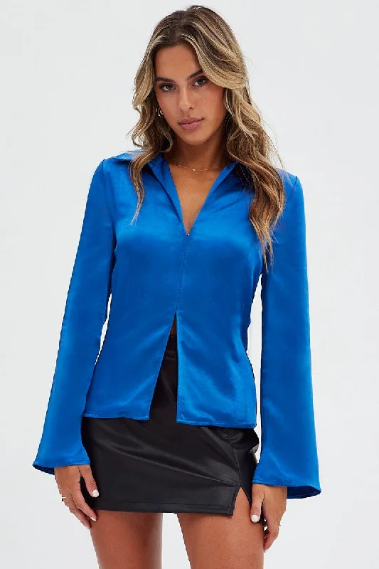 Blue Shirt Long Sleeve Collared Hook & Eye Satin Crepe