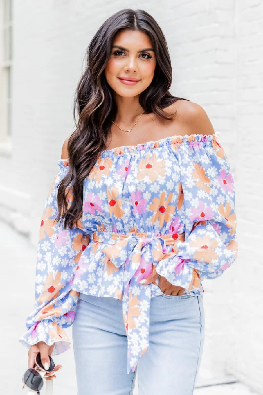 Off The Path Blue Off The Shoulder Belted Blouse FINAL SALE